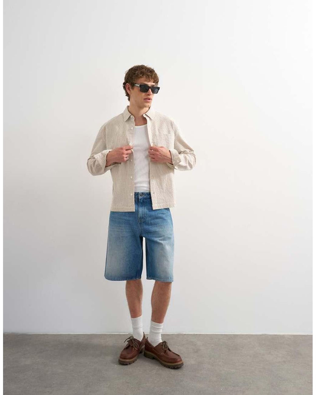 Topman Natural Relaxed Fit Crop Seersucker Shirt for men