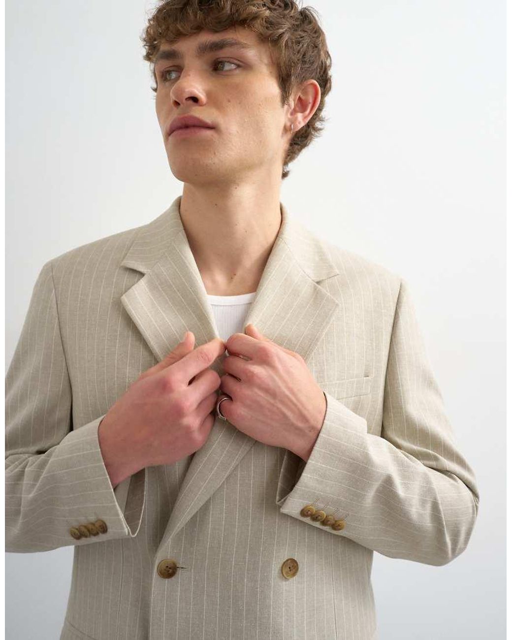 Topman White Relaxed Fit Double Breasted Stripe Blazer for men