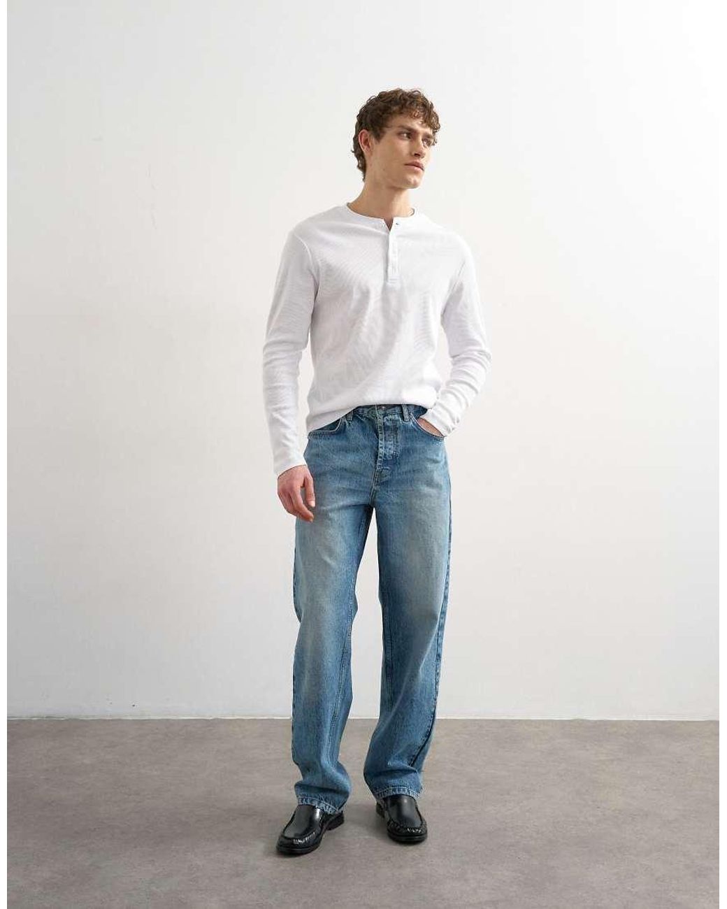 Topman White Slim Fit Long Sleeve Rib Henley T-Shirt for men
