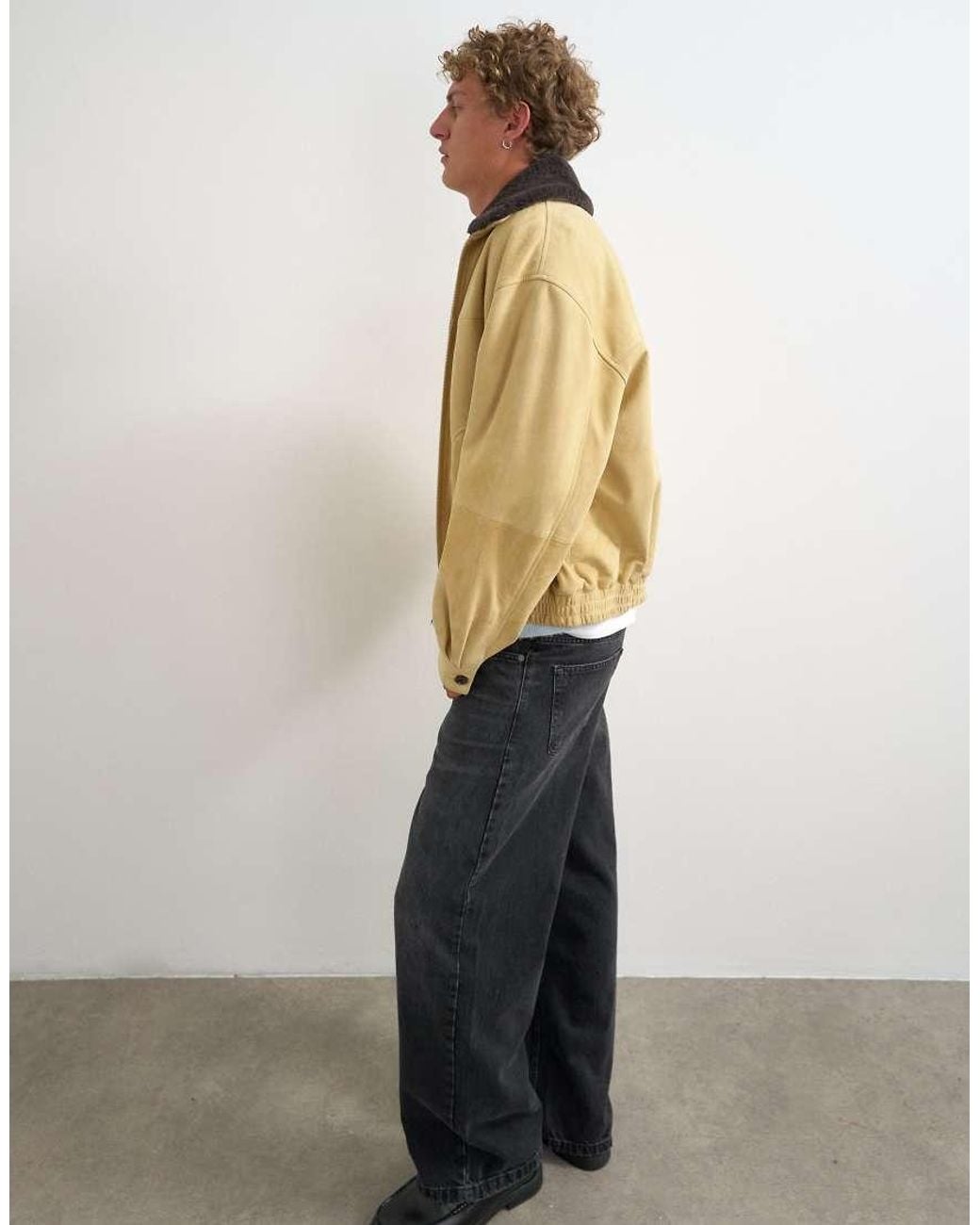 Topman Natural Oversized Fit Real Suede Jacket With Shearling Collar for men