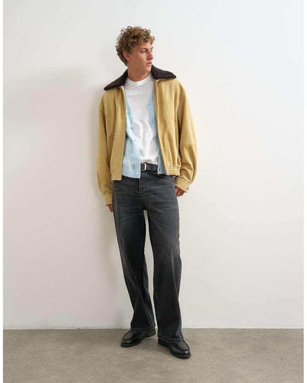 Topman Natural Oversized Fit Real Suede Jacket With Shearling Collar for men