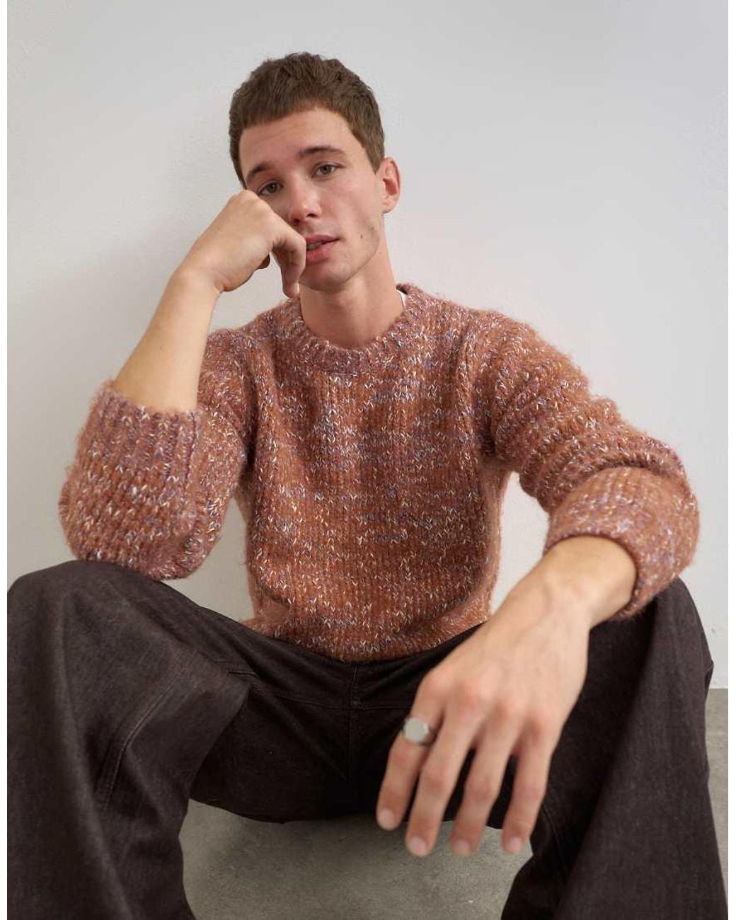 Topman Brown Relaxed Fit Textured Knit Crew Neck Sweater for men
