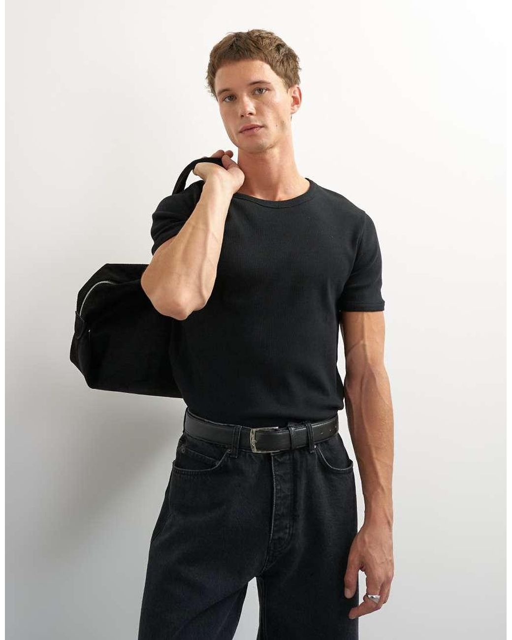 Topman Black Slim Fit Rib T-shirt for men