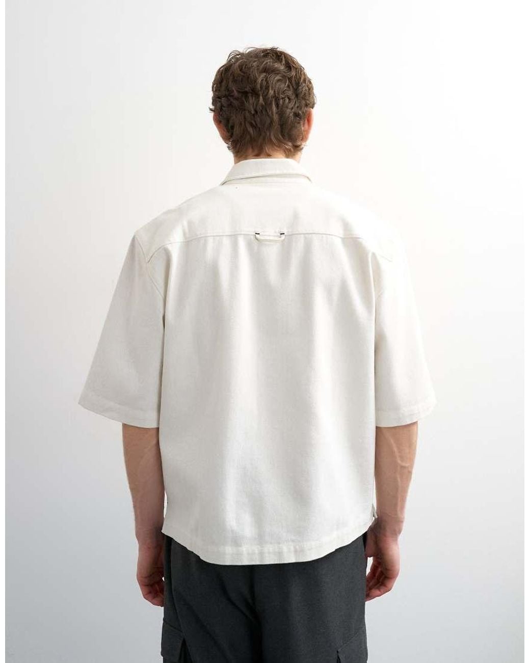 Topman White Relaxed Fit Short Sleeve Twill Crop Overshirt for men