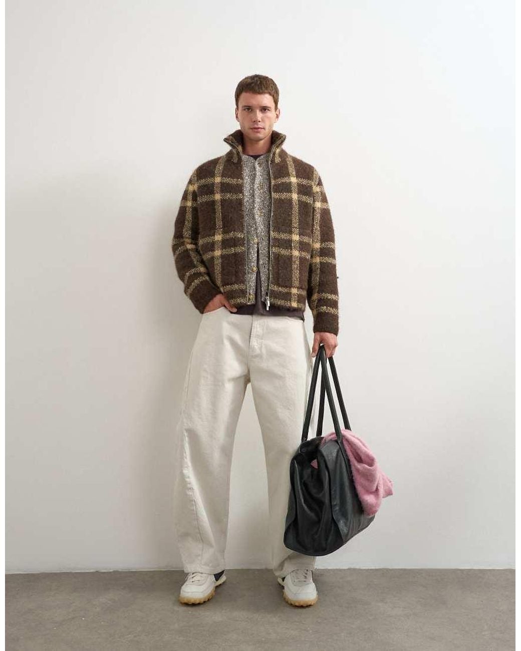 Topman Natural Relaxed Fit Check Knitted Zip Through Jumper for men