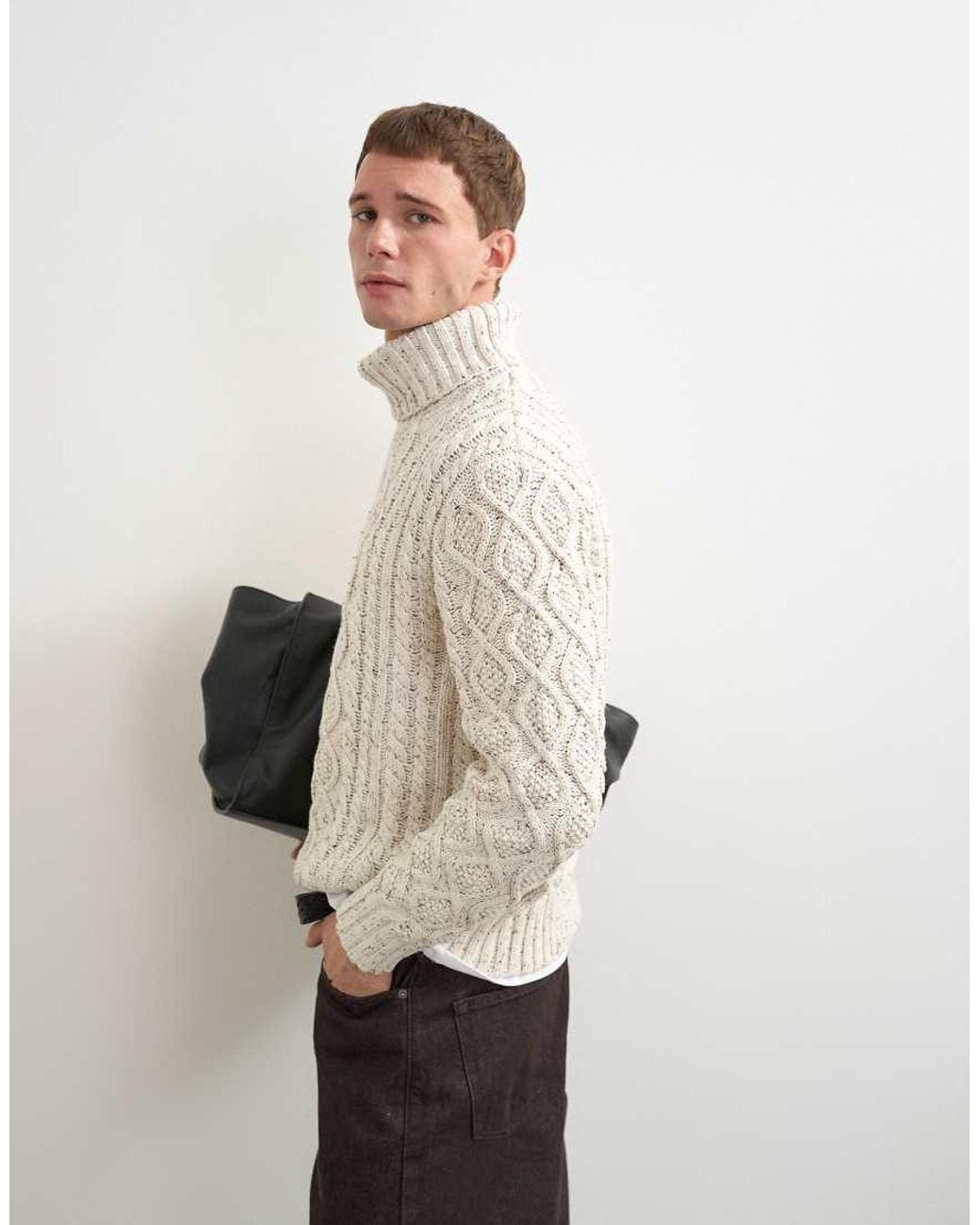 Topman Natural Relaxed Fit Cable-knit Turtleneck Sweater for men