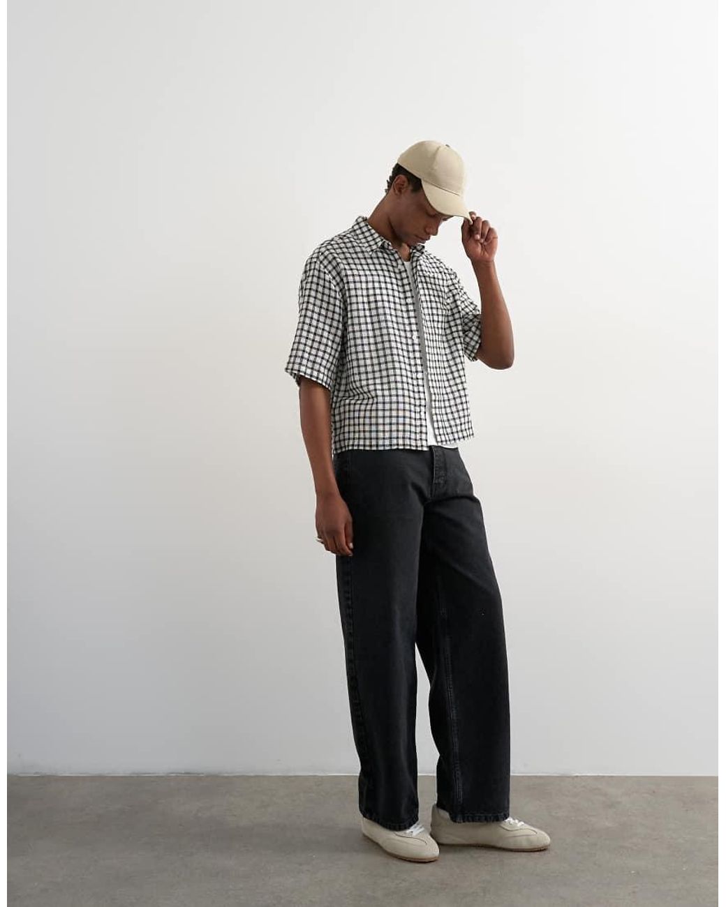 Topman White Relaxed Fit Crop Textured Check Shirt for men