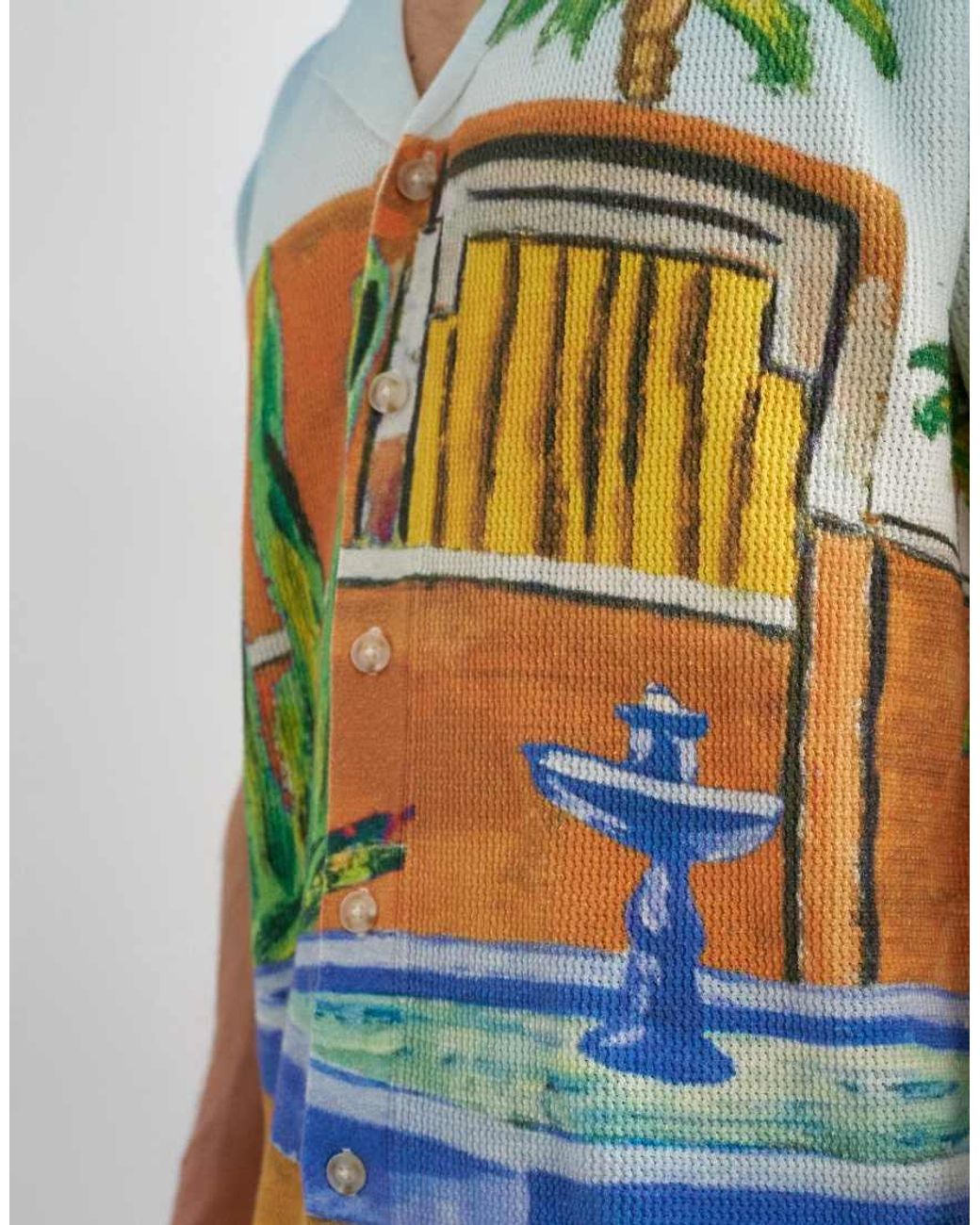 Topman Blue Relaxed Fit Knitted Shirt With Printed Garden Scene for men