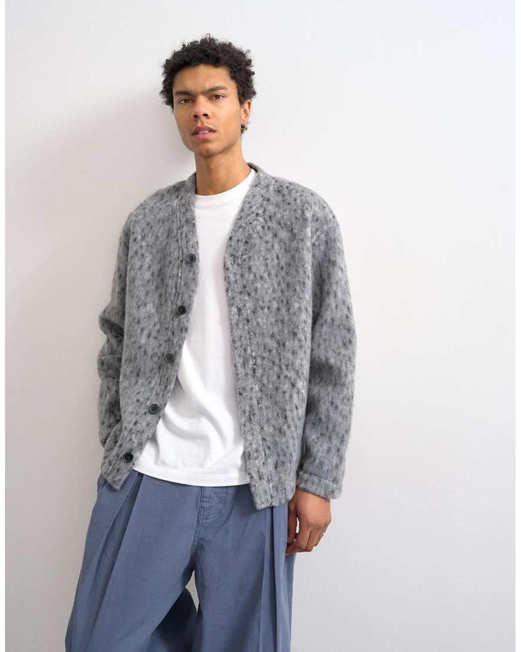 Topman Gray Wool Mix Textured Leopard Cardigan for men