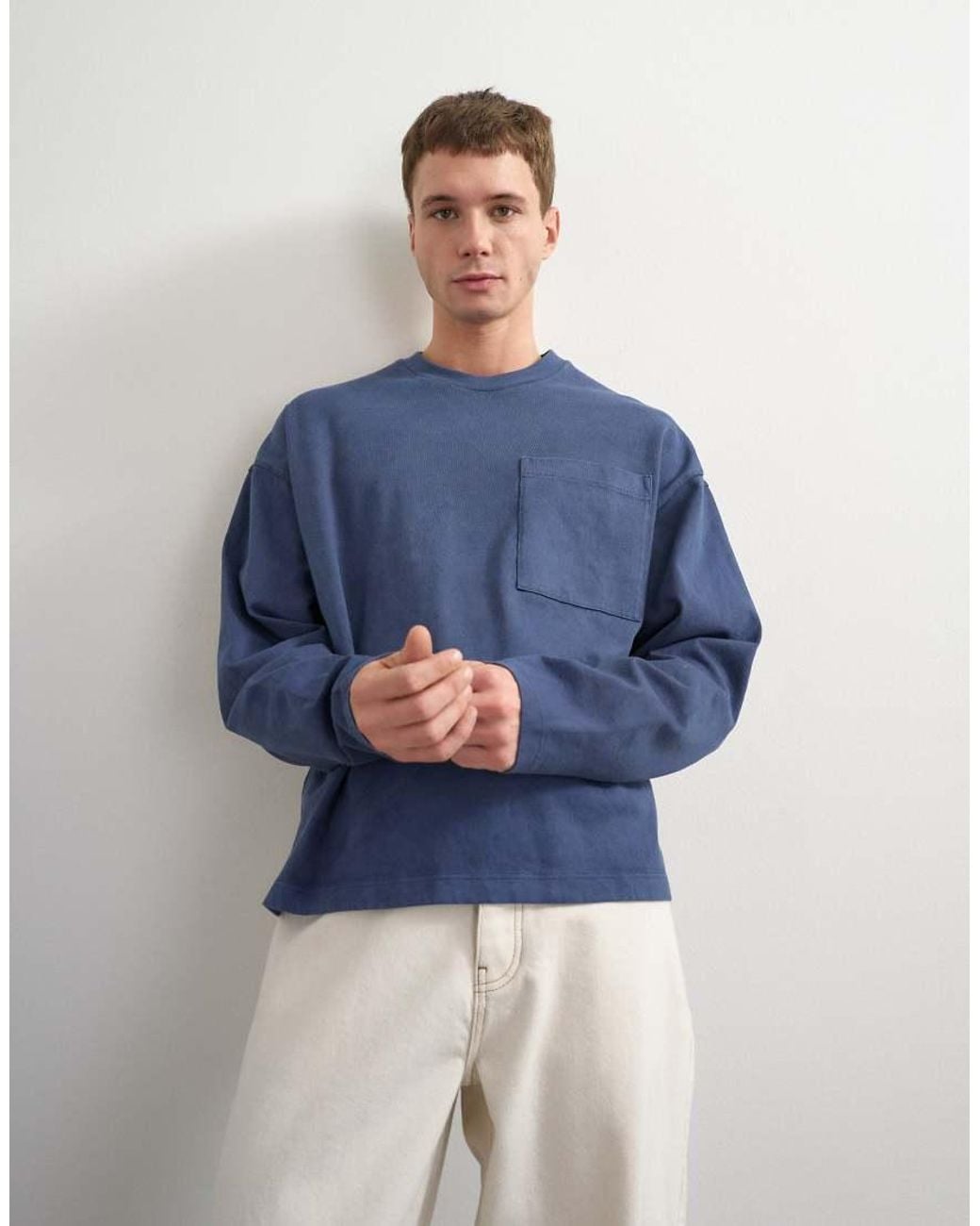 Topman Blue Relaxed Fit Long Sleeve Heavyweight T-Shirt for men