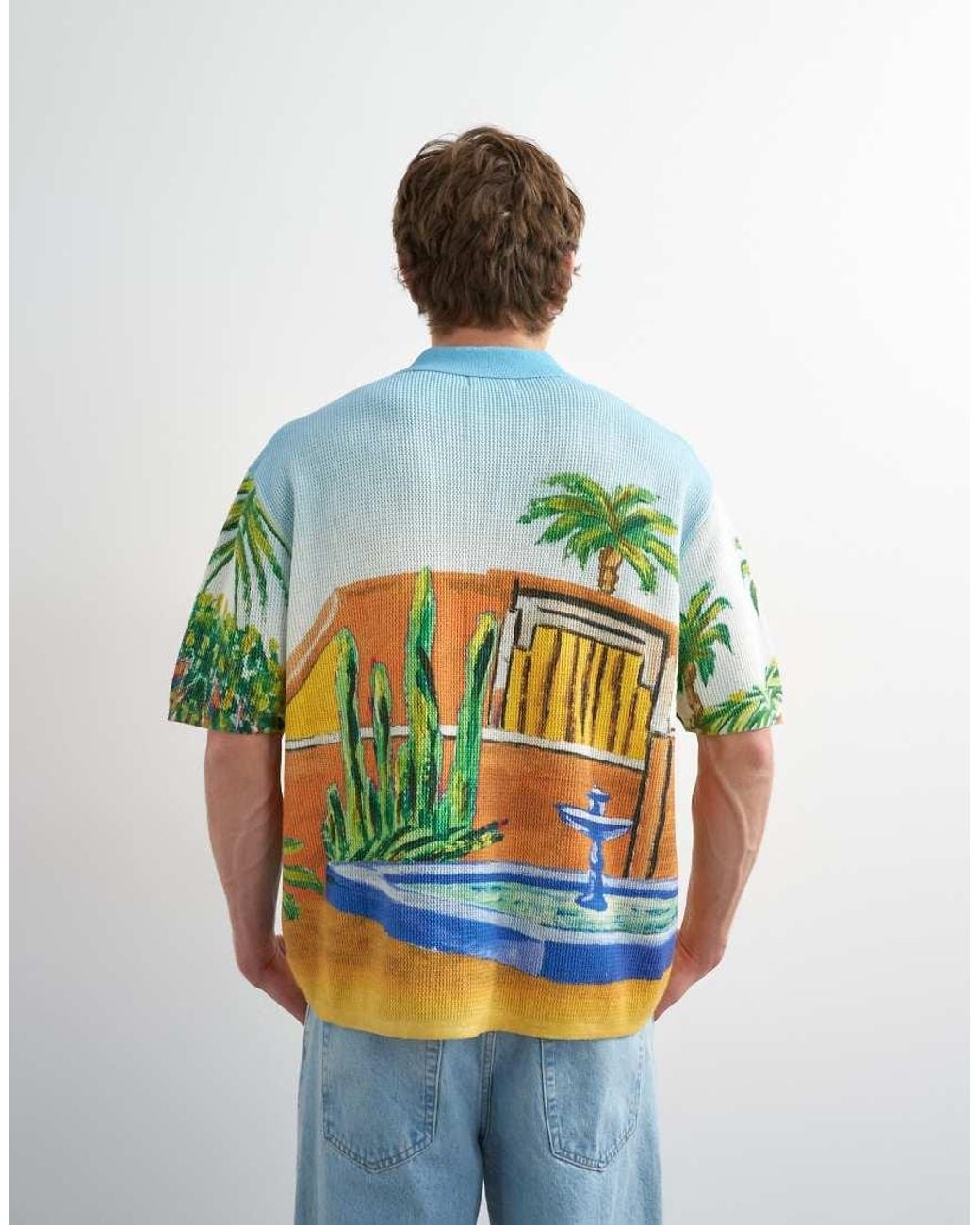 Topman Blue Relaxed Fit Knitted Shirt With Printed Garden Scene for men