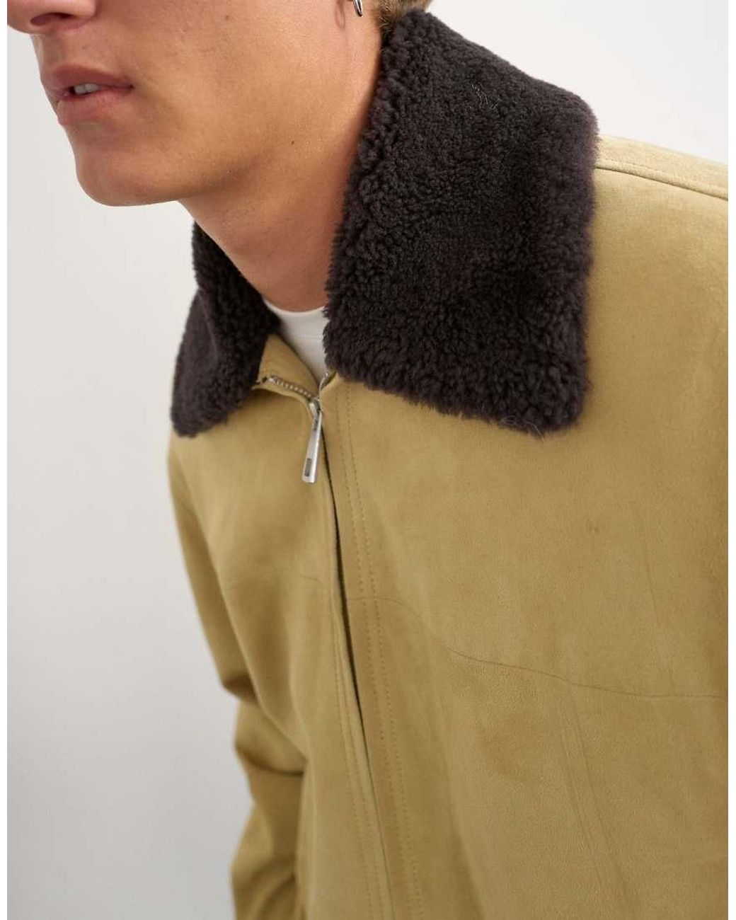 Topman Natural Oversized Fit Real Suede Jacket With Shearling Collar for men