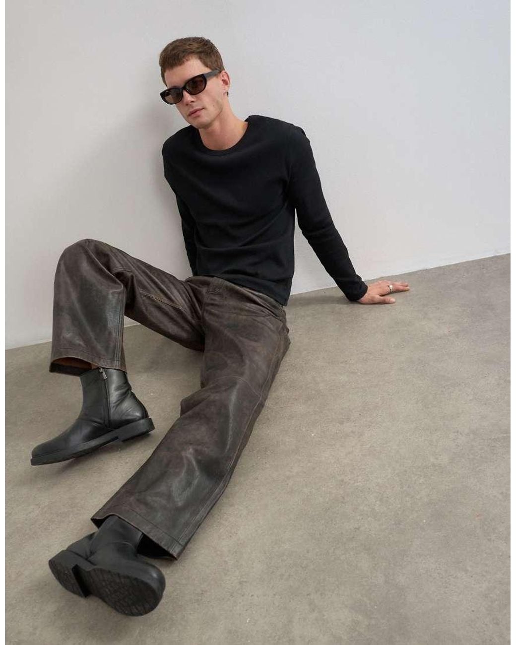 Topman Brown Straight Fit Real Leather Trouser for men