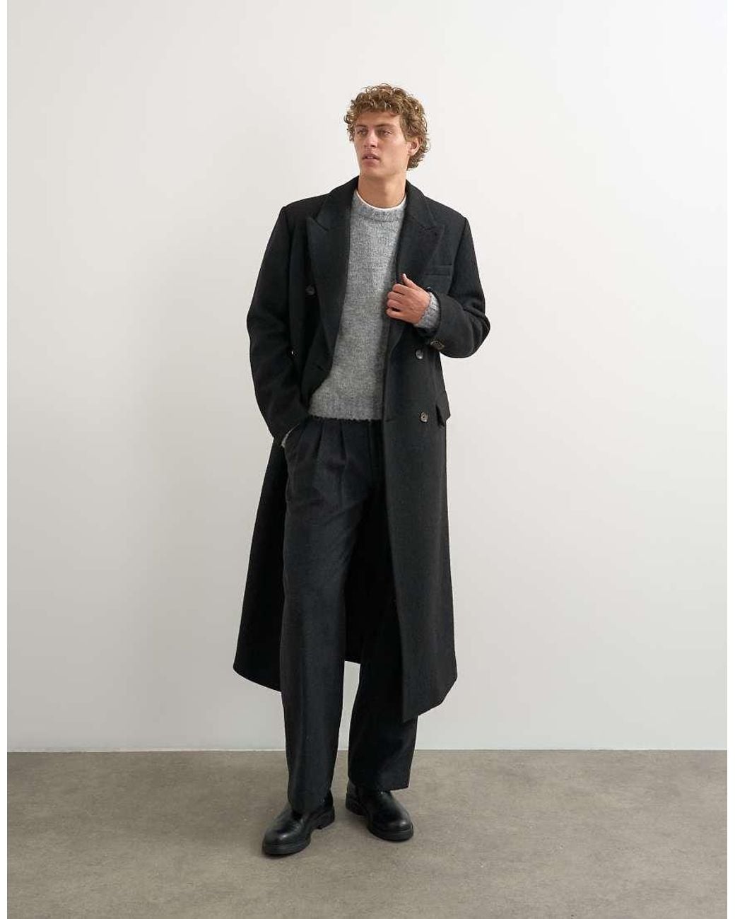 Topman Black Oversized Fit Wool Mix Boucle Double Breasted Overcoat for men