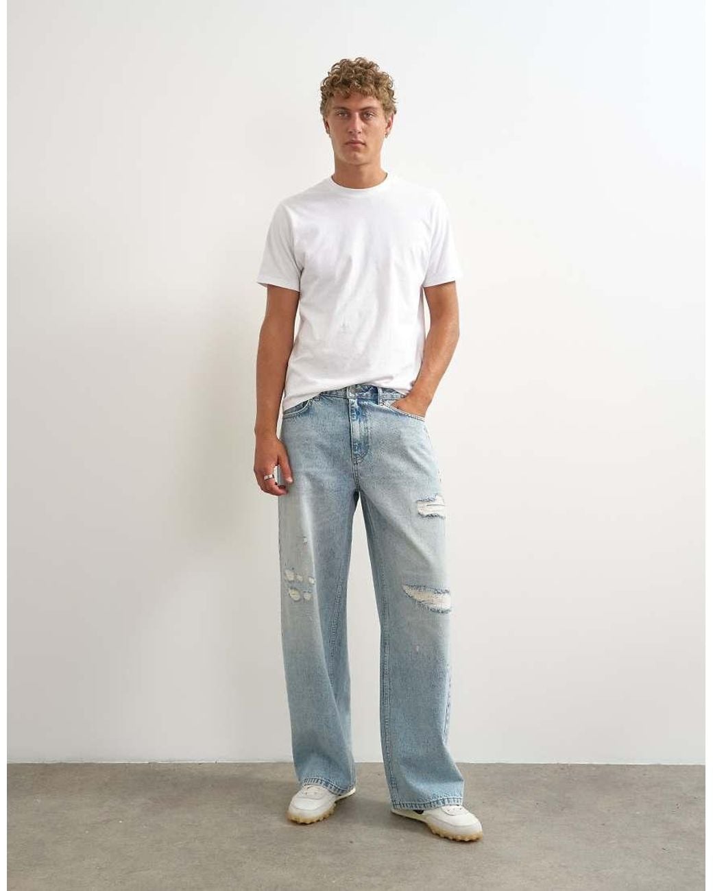 Topman White Rigid baggy Fit Distressed Jeans for men