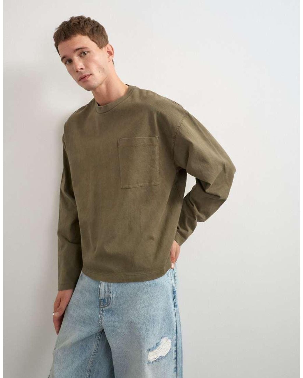 Topman Green Relaxed Fit Long Sleeve Heavyweight T-Shirt for men