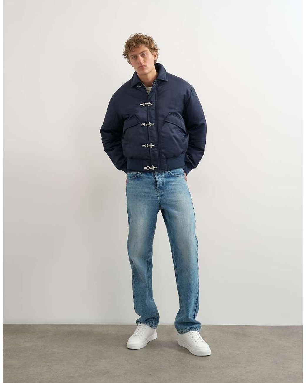 Topman Blue Fireman Clasp Padded Bomber Jacket for men