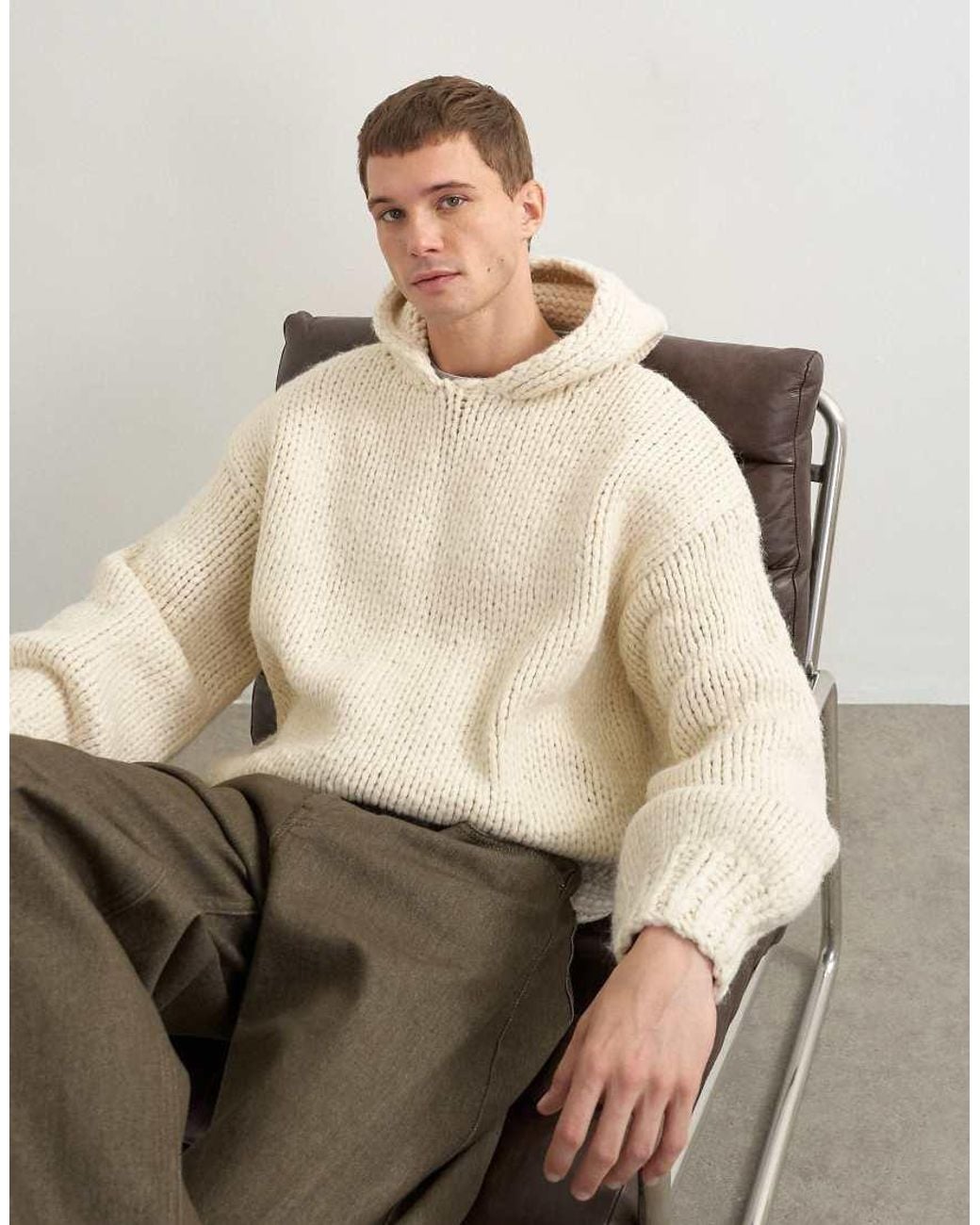 Topman Natural Relaxed Fit Hand Knitted Heavyweight Hoodie for men