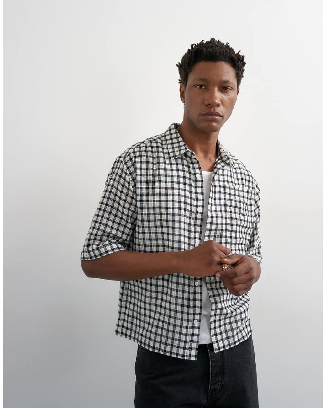 Topman White Relaxed Fit Crop Textured Check Shirt for men