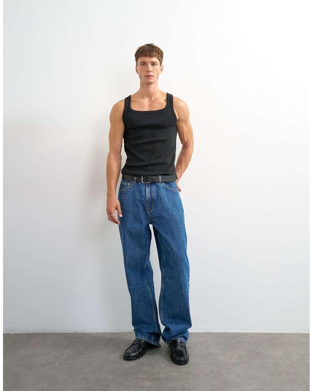 Topman Blue Premium Square Neck Ribbed Vest for men