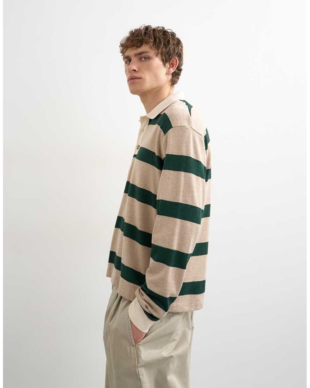 Topman Green Relaxed Cropped Long Sleeve Rugby Polo for men