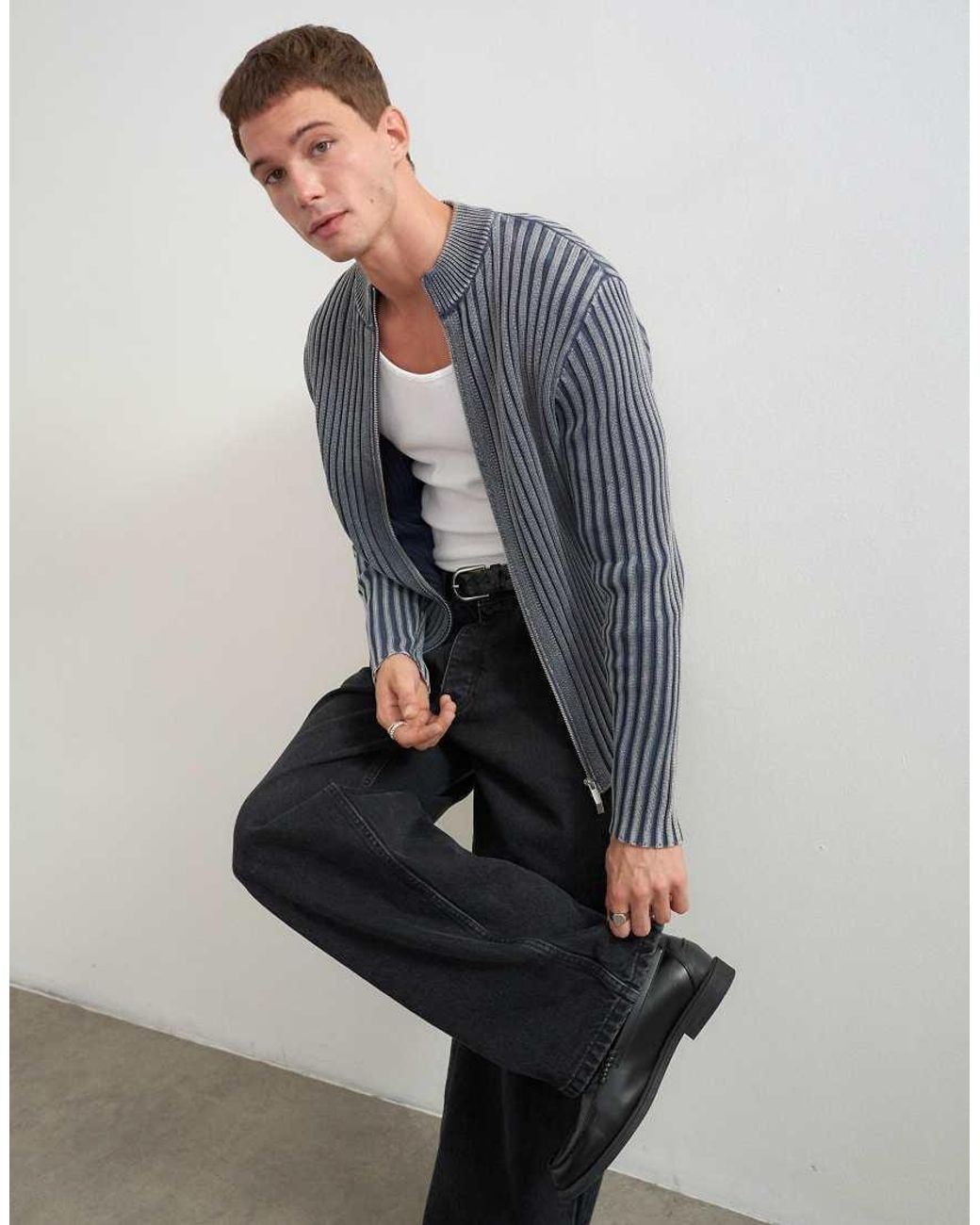 Topman Gray Classic Fit Zip Through Knitted Jumper With Thick Ribbing for men