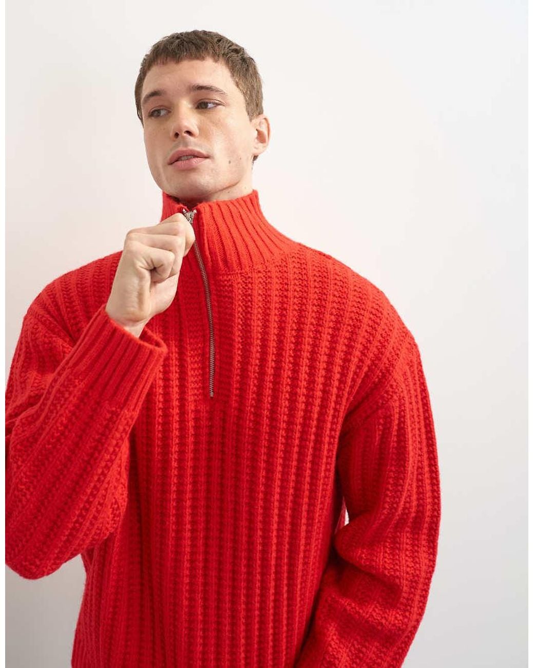 Topman Red Relaxed Fit Knitted 1/4 Zip Funnel Neck Knitted Jumper for men