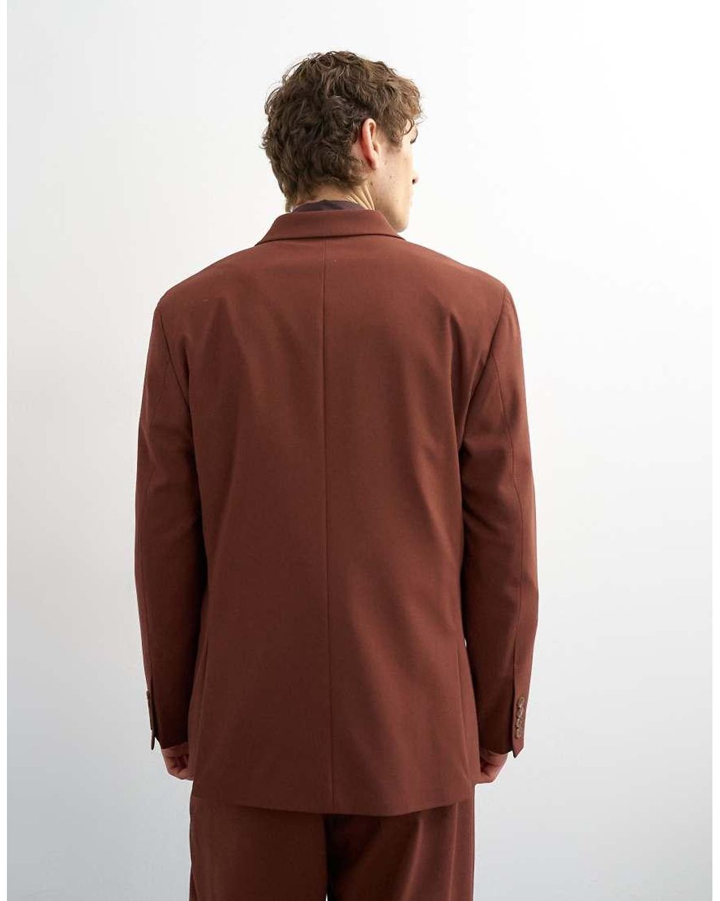 Topman Brown Relaxed Double Breasted Wool Touch Suit Jacket for men