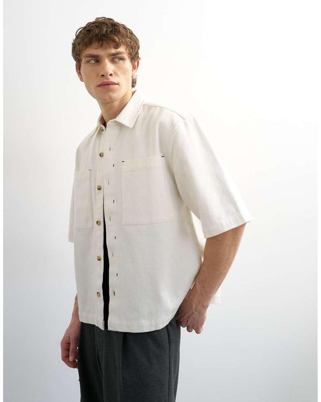 Topman White Relaxed Fit Short Sleeve Twill Crop Overshirt for men