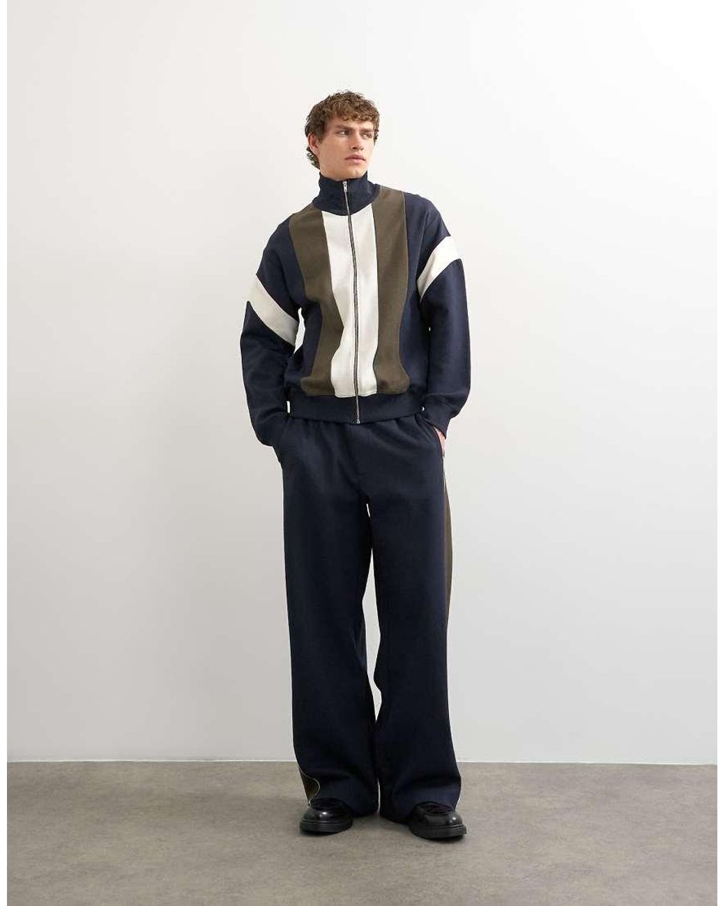 Topman Blue Classic Fit Paneled Pique Track Top for men
