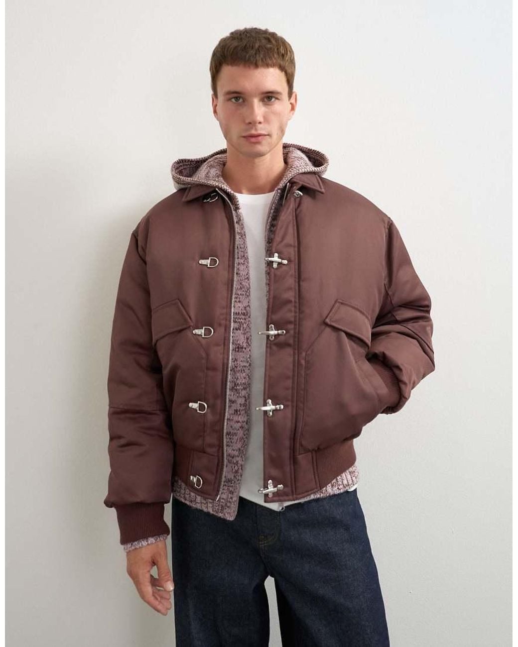 Topman Brown Fireman Clasp Padded Bomber Jacket for men