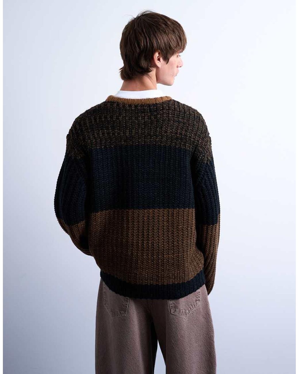 Topman Blue Oversized Fit Colour Block Stripe Jumper for men