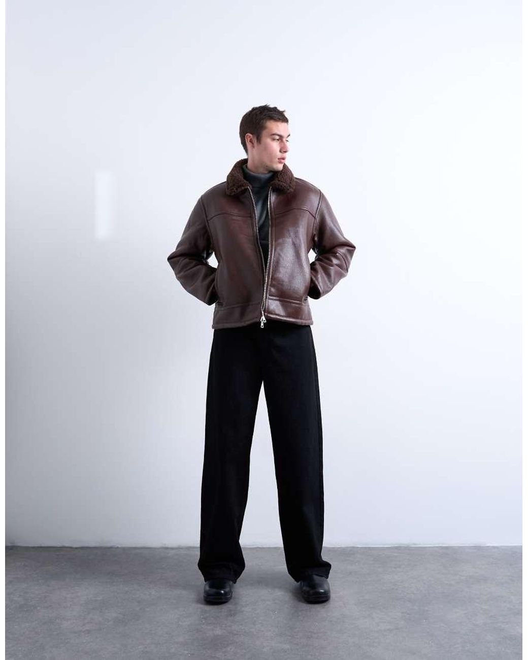 Topman Brown Faux Shearling Jacket With Zip Pockets for men