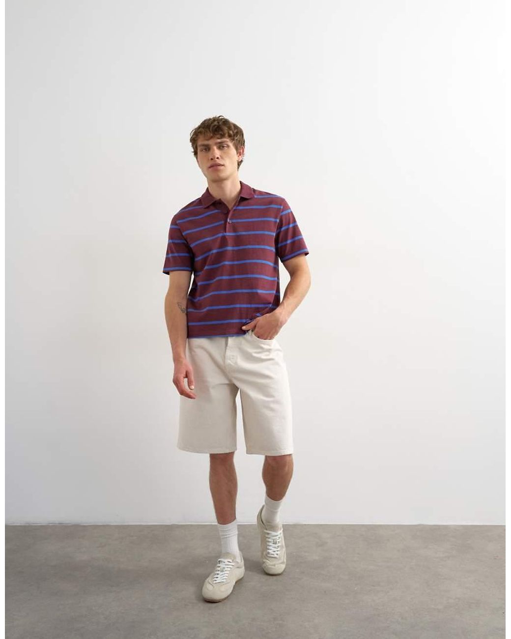 Topman Purple Relaxed Cropped Fit Striped Polo for men