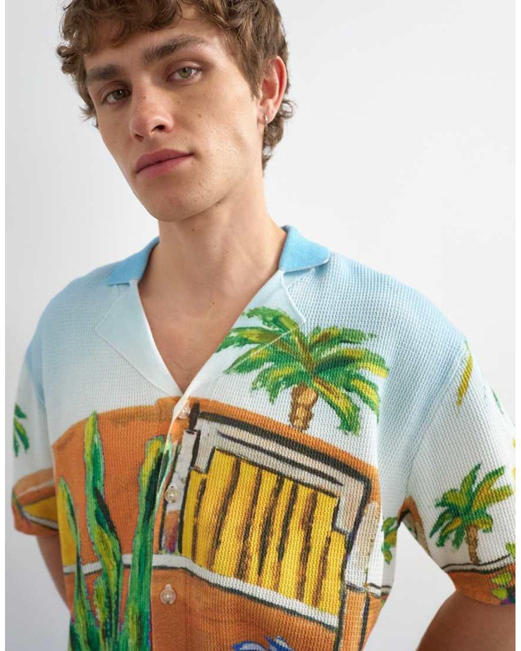 Topman Blue Relaxed Fit Knitted Shirt With Printed Garden Scene for men