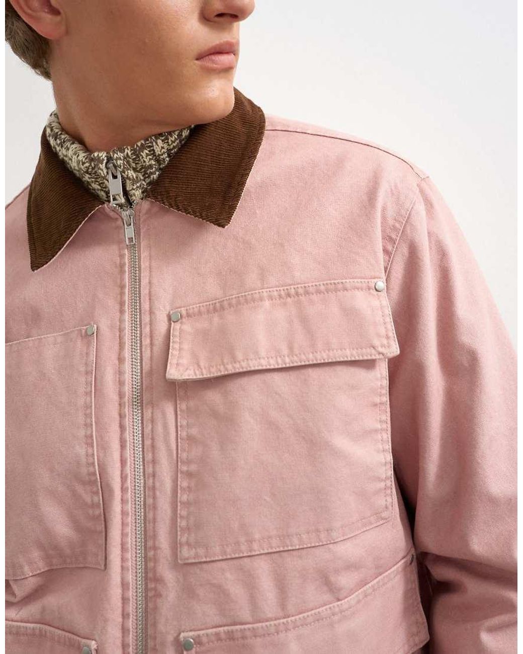 Topman Pink Relaxed Fit Crop Barn Jacket With Cord Collar for men