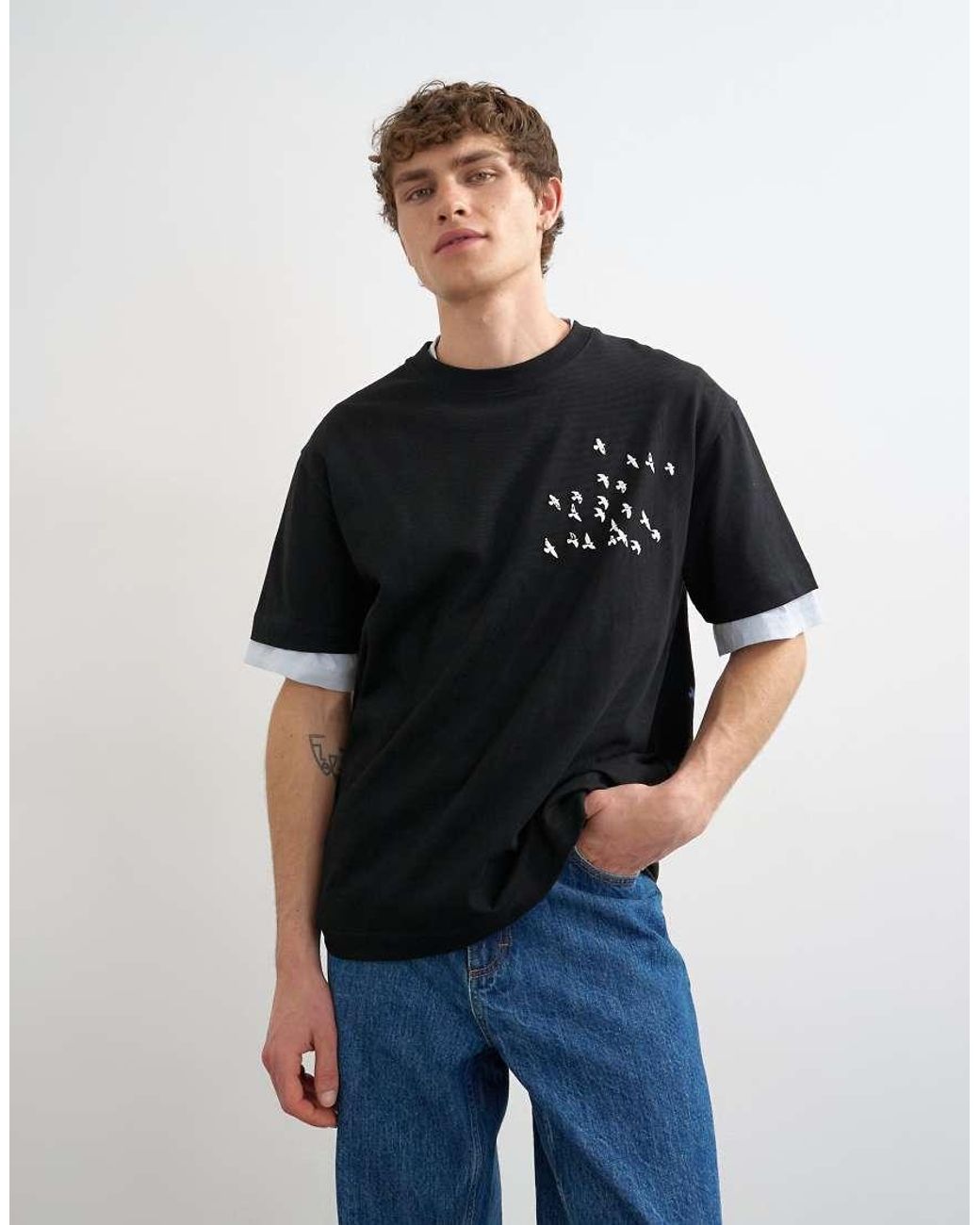 Topman Blue Relaxed Fit T-shirt With Front And Back Bird Print for men