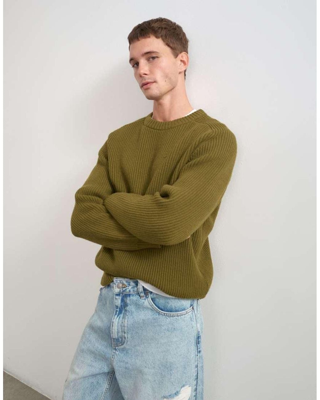 Topman Green Fisherman Rib Knitted Jumper for men