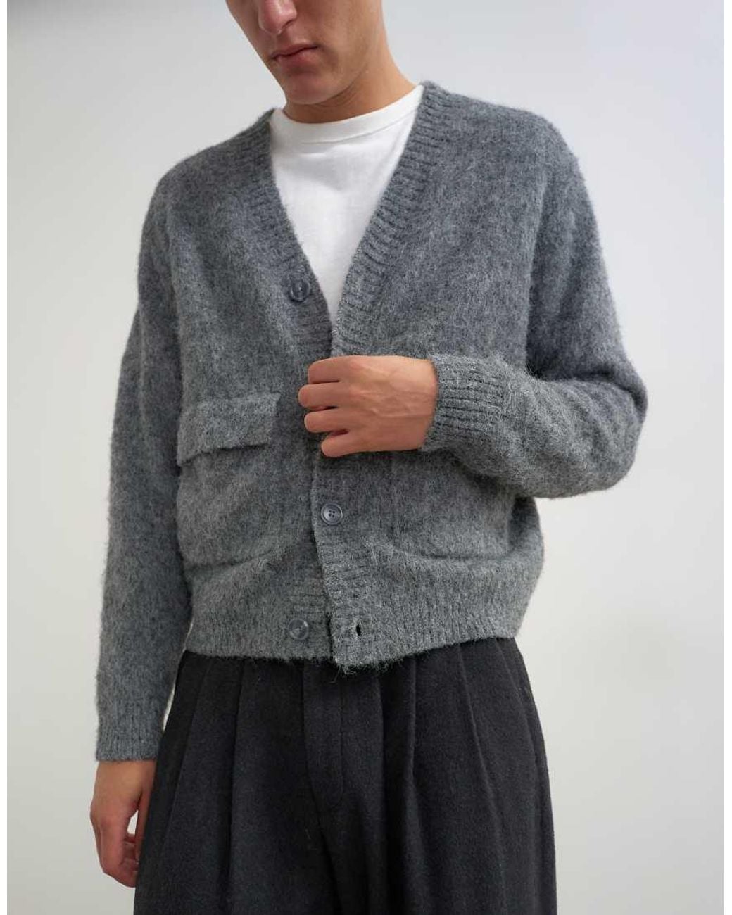 Topman Gray Relaxed Fit Fluffy Double Pocket Knitted Cardigan for men