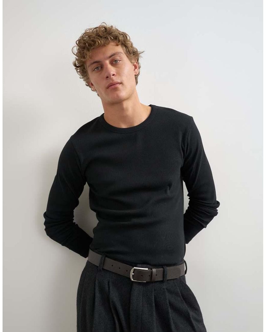Topman Black Slim Fit Rib Long Sleeve T-Shirt for men