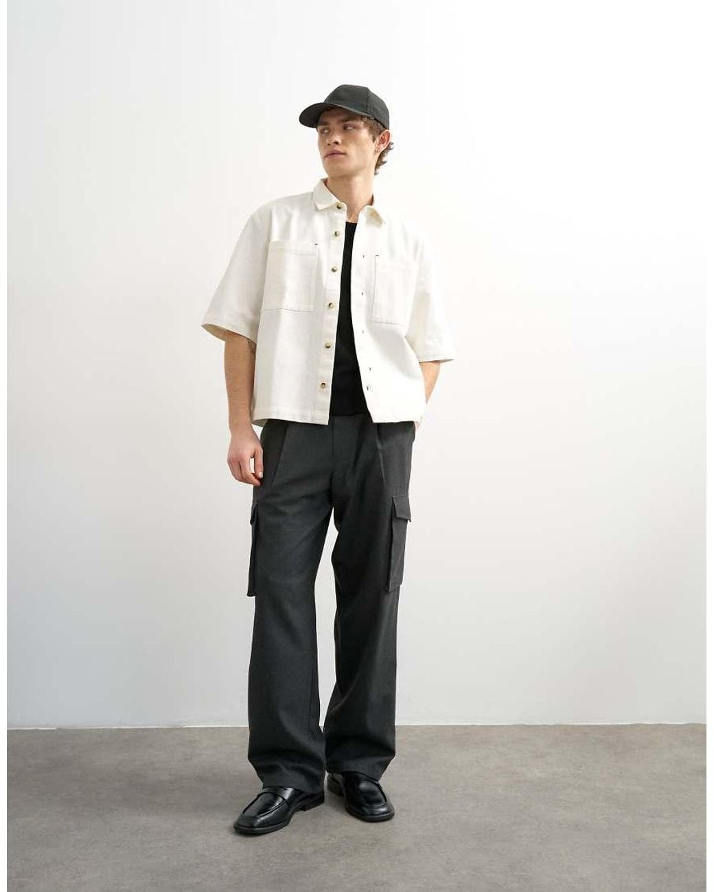 Topman White Relaxed Fit Short Sleeve Twill Crop Overshirt for men