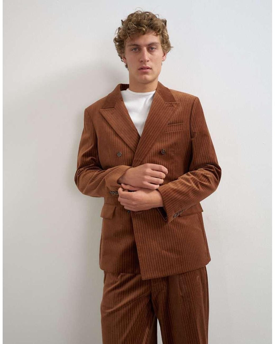Topman Brown Relaxed Fit Double Breasted Velour Stripe Blazer for men
