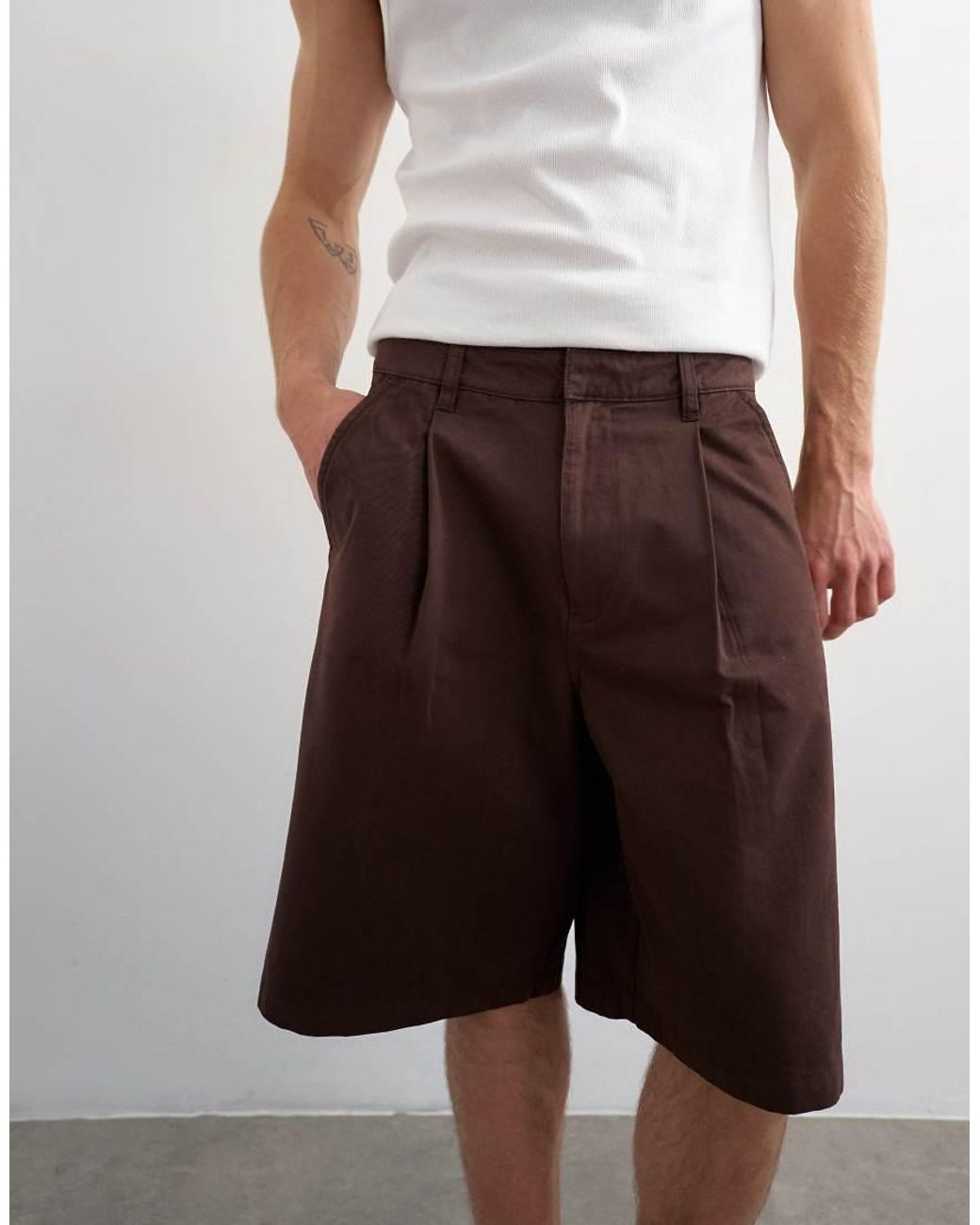 Topman Brown Wide Leg Twill Bermuda Short With Pleats for men