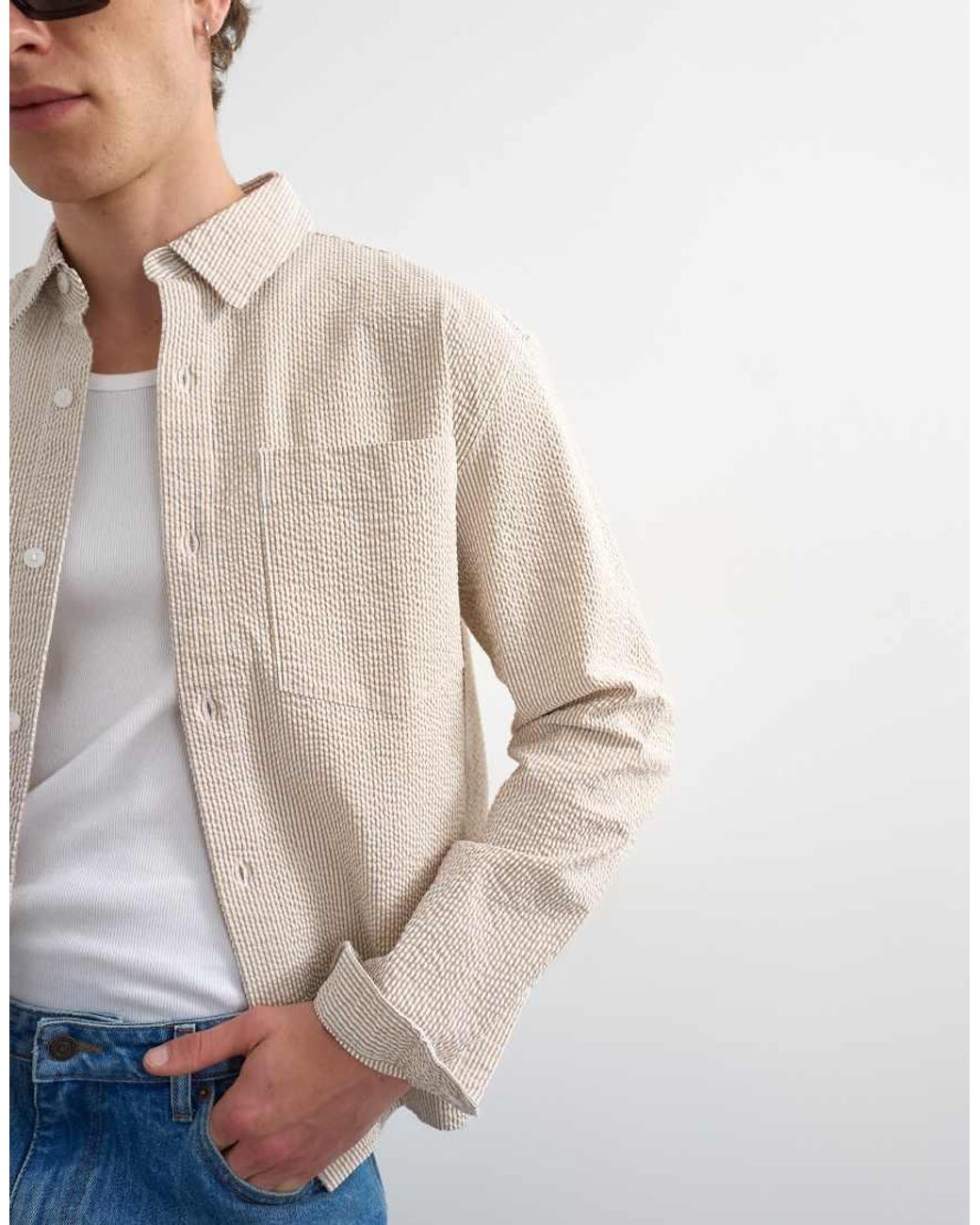 Topman Natural Relaxed Fit Crop Seersucker Shirt for men