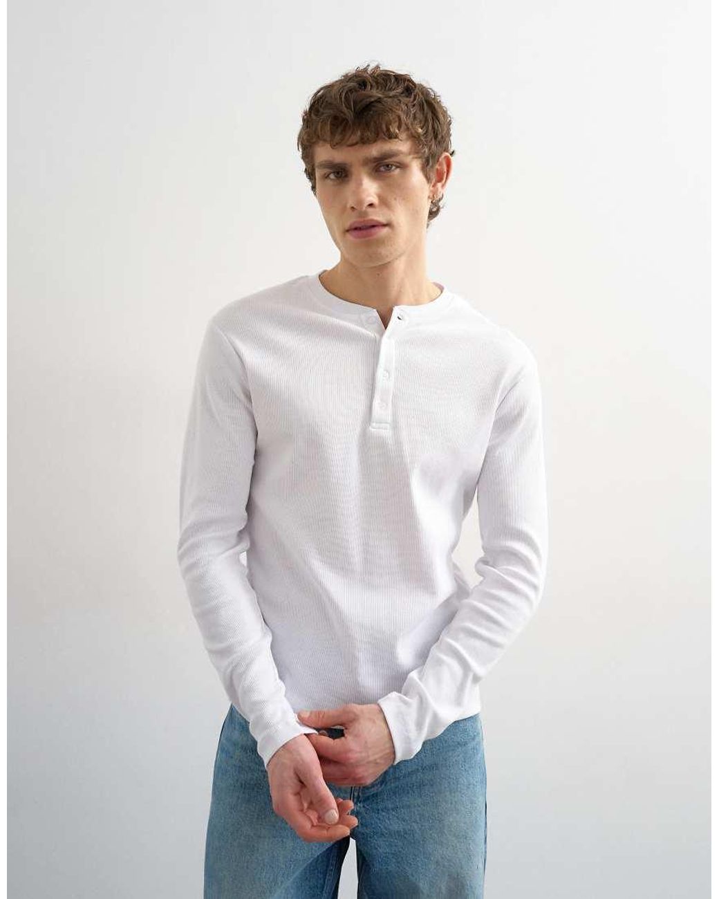 Topman White Slim Fit Long Sleeve Rib Henley T-Shirt for men