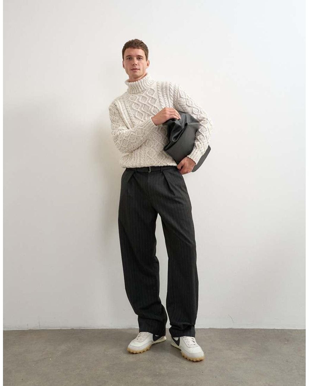Topman White Wide Leg Belted Pinstripe Trouser With Pleats for men