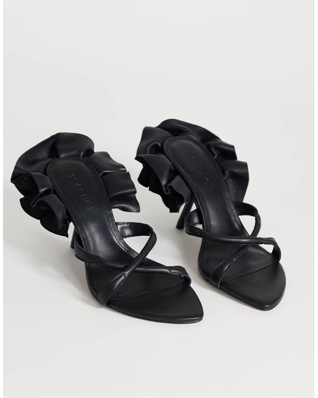 TOPSHOP Black Ophelia Real Leather High Heeled Sandal With Ruffle