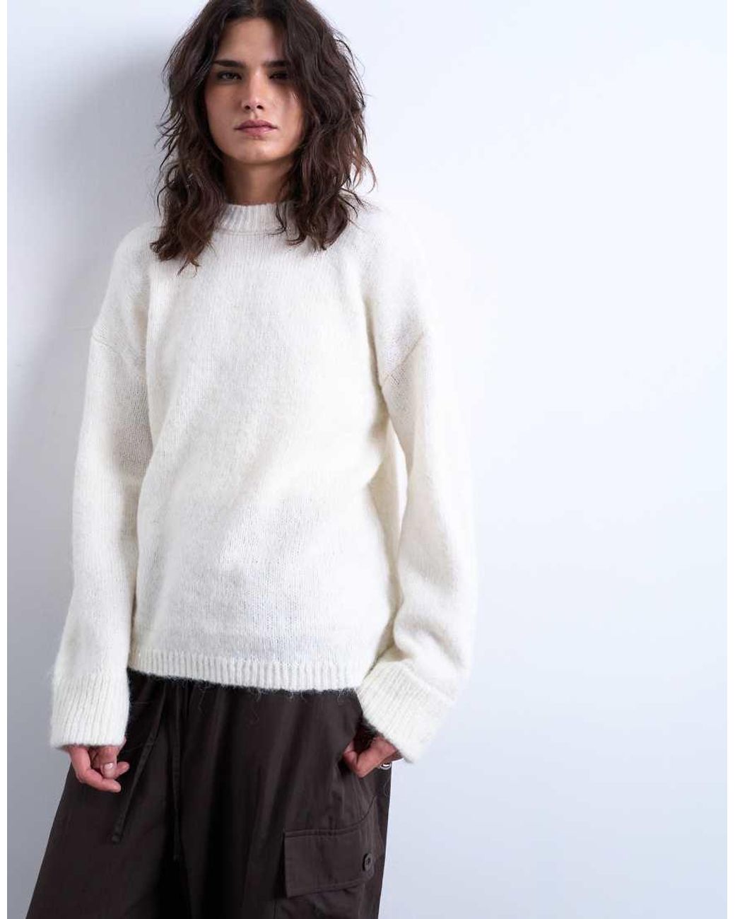 TOPSHOP White Fluffy Knit Boxy Crew Neck Sweater