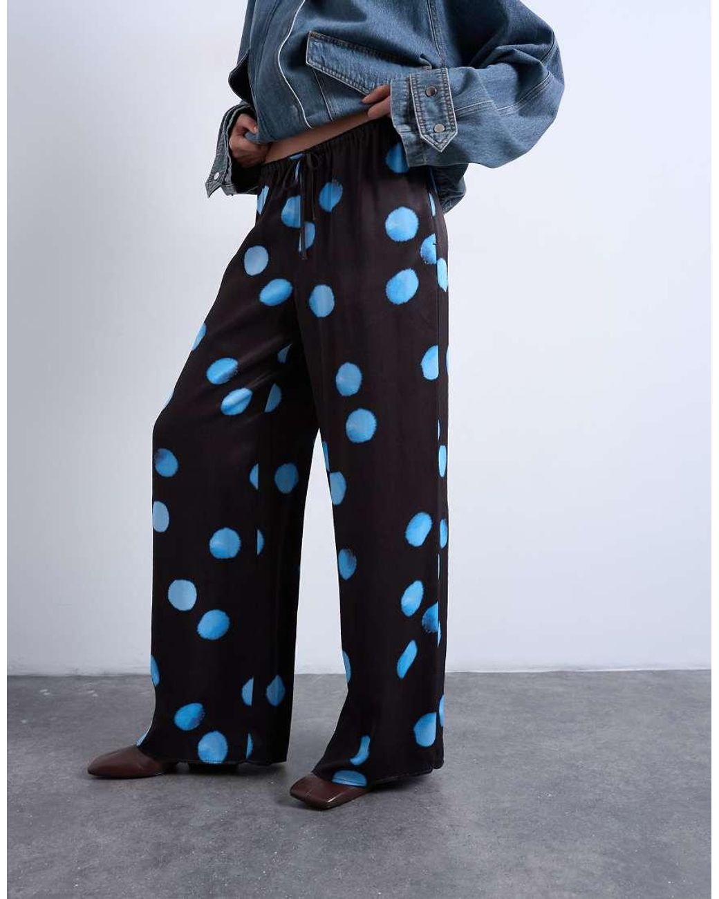 TOPSHOP Blue Satin Wide Leg With Tie Waist Trouser