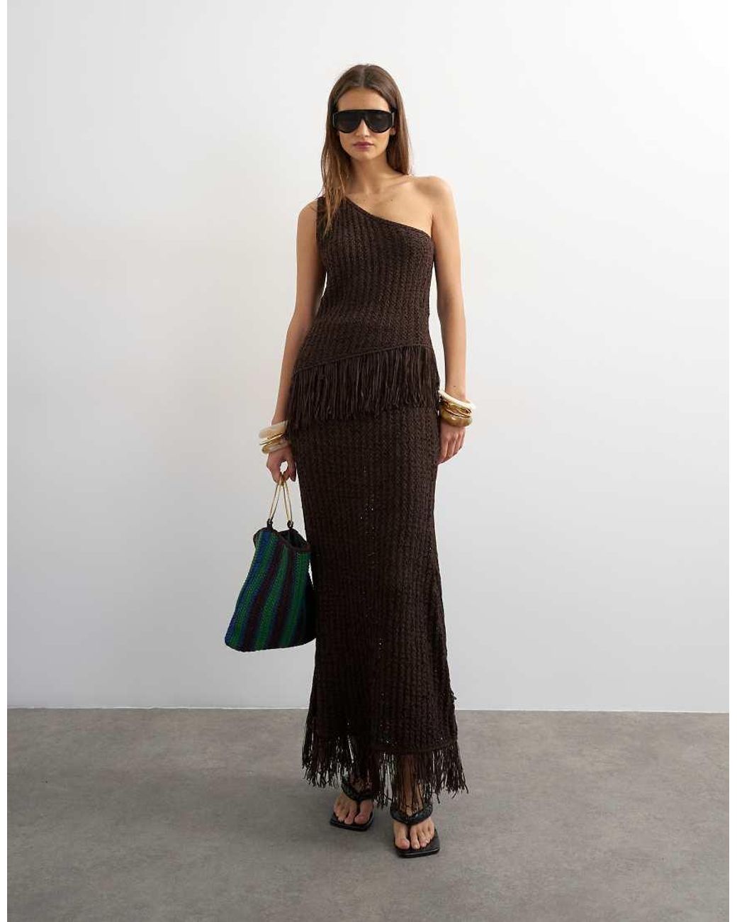 TOPSHOP Black Knitted One Shoulder Tape Yarn Co-Ord Fringing Top